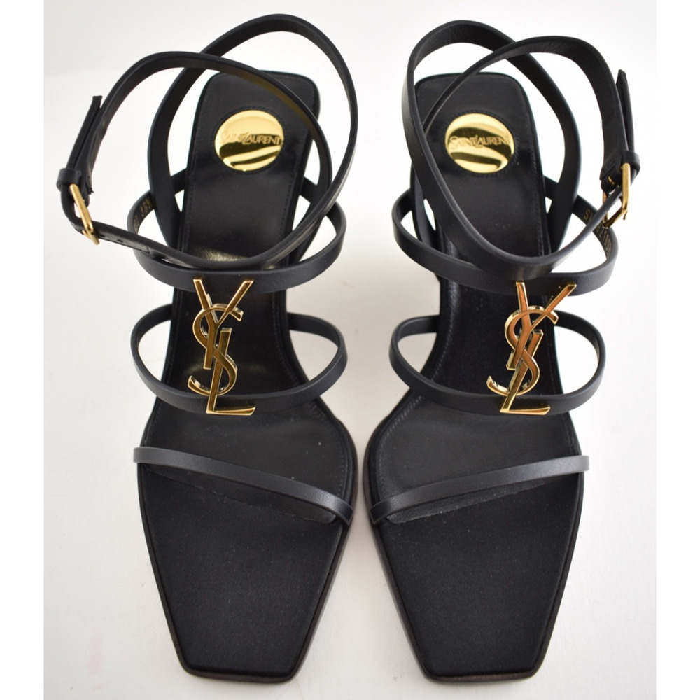Saint Laurent YSL Logo Cassandra 90 Black Ankle Strap Wedge Sandal Heel 36.5 - Picture 8 of 16
